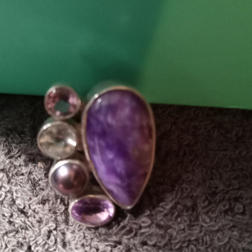 Purple Amathyst Multi Gemstone Sterling Silver Ring Sz8